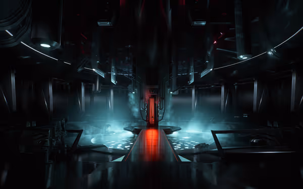 A futuristic chamber with a glowing red walkway leads to a misty central portal.