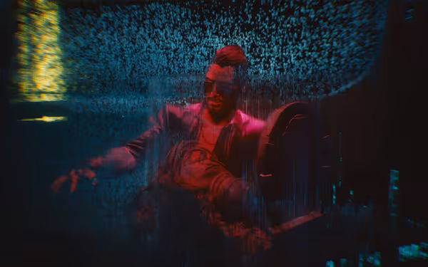 A red holographic Johnny sits in front digital blue particles.