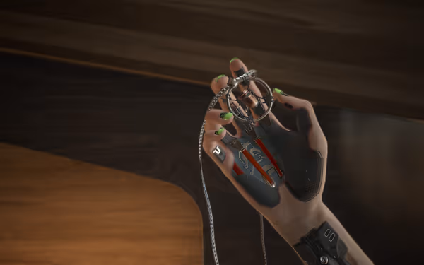 A cybernetic hand with green nails holds a bullet pendant.