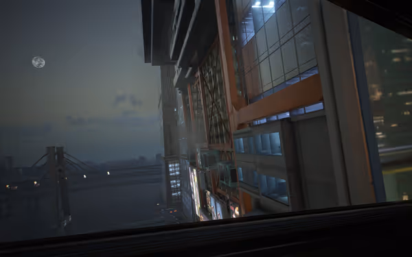 A futuristic cityscape with tall buildings, glowing signs, a suspension bridge, and full moon.