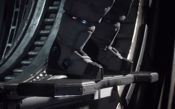 A pair of armored boots stand firmly on a metal platform outside a spacecraft.
