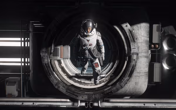 An astronaut in a white suit floats inside a circular, metallic space station airlock.