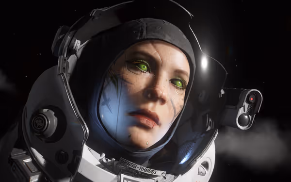 Female astronaut with electric green cybernetic eyes stares forward inside space helmet.