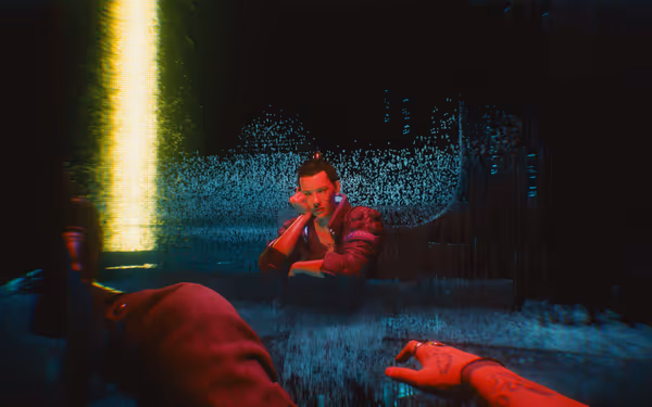 A red holographic woman with glowing collar appears through glitchy blue holograms facing the viewer.