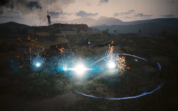 Bright blue energy blasts erupt on desert terrain with sparks and distortion waves spreading outward.