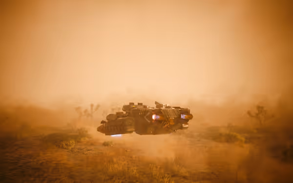 A futuristic armored hovercraft flies low through a dusty desert during a sandstorm.