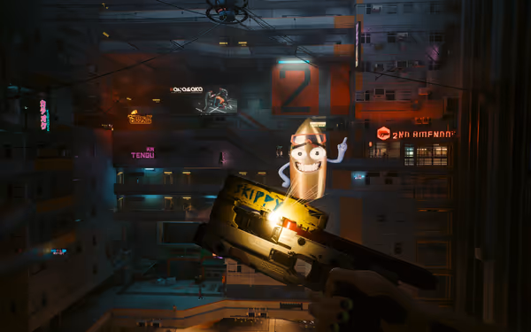 A glowing bullet character appears above a yellow gun labeled "Skippy" in neon-lit flats.