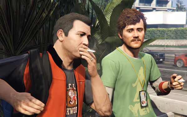 Two men stand outside near plants, both smoking, one wearing a staff badge.