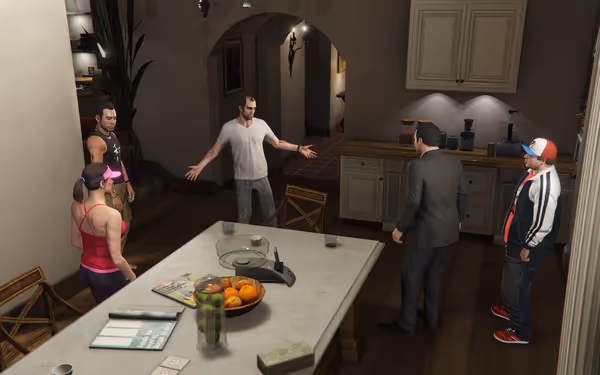 Six people stand in a modern kitchen, one man in dirty clothes gesturing intensely.