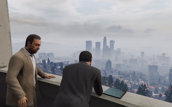 Two men in suits overlook a foggy city skyline from a high observatory ledge.