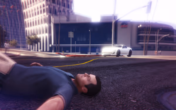 A man lies unconscious on the street with a white sports car nearby.