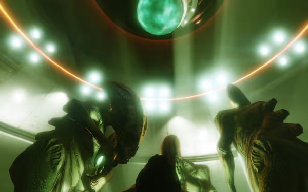 Three green-skinned aliens surround a human under a glowing orb inside a spacecraft.