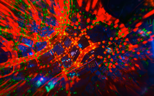 A city grid glows under a psychedelic red, green, and blue distortion effect.