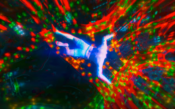 A glowing figure in striped shorts falls through a vibrant, distorted cityscape of lights.