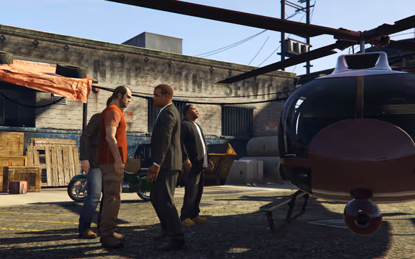 Three men stand beside a helicopter in an industrial yard, seemingly mid-conversation or confrontation.