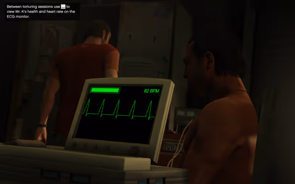 A shirtless man is connected to a heart monitor showing 82 BPM during interrogation.