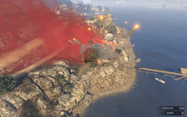 An explosion rocks a coastal area, with fiery debris and red smoke in the air.