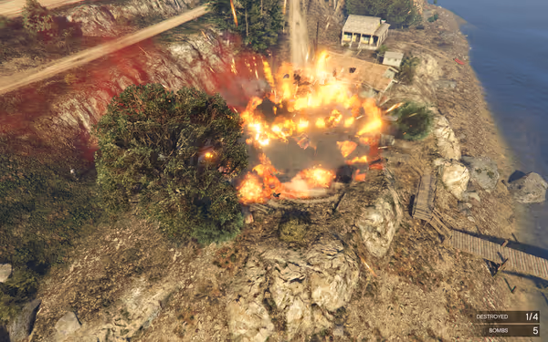 An explosion on a cliffside near a small wooden house with a dock.