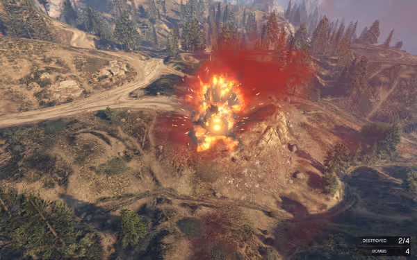 A fiery explosion bursts atop a forested hill, sending flames and smoke skyward.