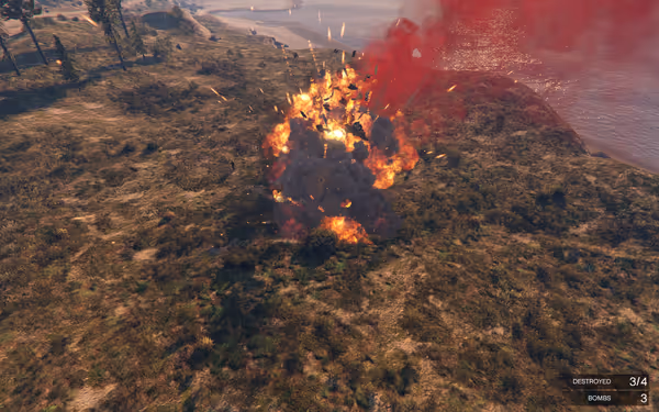 A fiery explosion with smoke and debris erupts on a grassy field near a coastline.