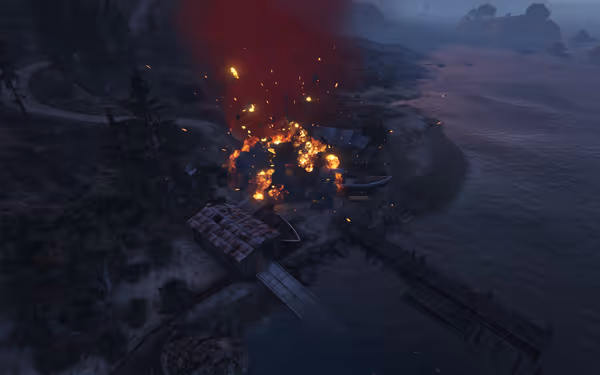 A large explosion engulfs a small boathouse and pier by a coastline at dusk.