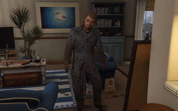 A dirty person in a muddy jumpsuit stands indoors, leaving brown footprints on the carpet.