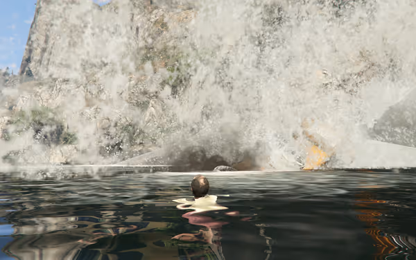 A person swims in a lake as a huge splash and debris erupt from the shore.