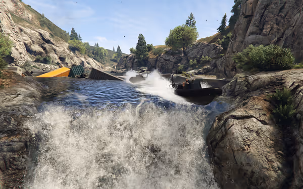 Two boats speeding through a river with containers scattered on the water's edge.