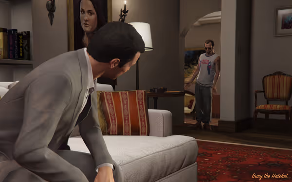 A man in a suit sits on a sofa as another man enters.