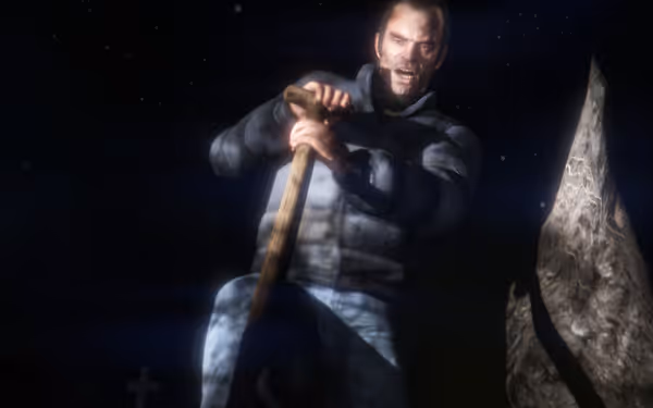 A man in a puffer jacket digs with a shovel in a graveyard at night.