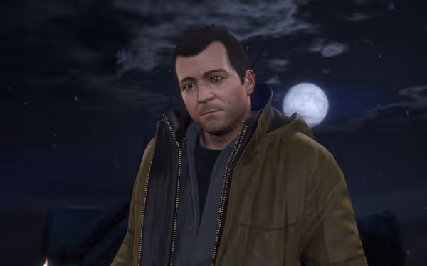 A man in a dark green jacket looks directly at the camera with the moon visible behind him.