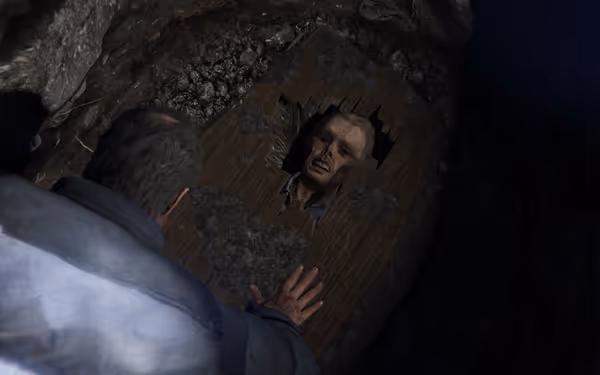 A man peers into a grave, revealing a decayed corpse inside a broken coffin.