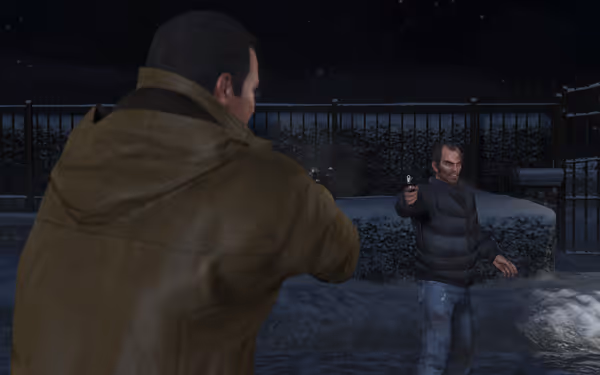 Two men in winter clothes aiming pistols at each other in a snowy setting.