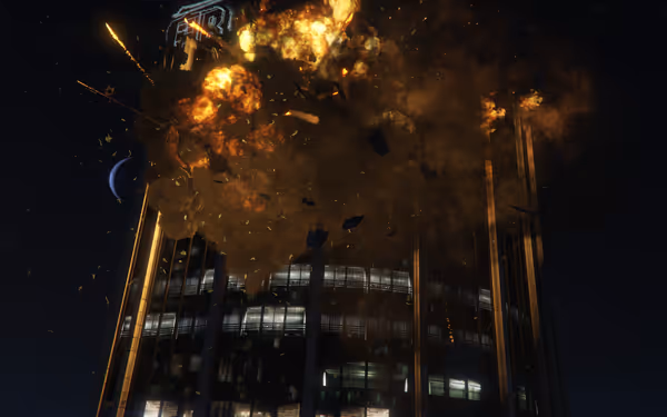 The image shows a tall building exploding with debris, flames, and smoke in a night scene.