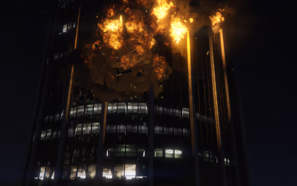A massive explosion engulfs the upper floors of an office building.
