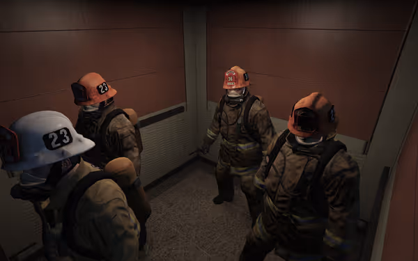 Four firefighters wearing helmets and gear stand together inside a small elevator.