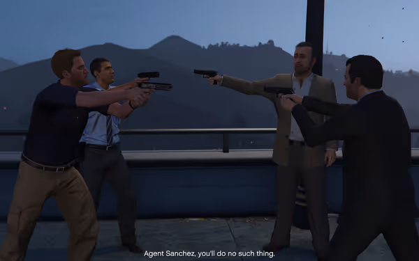 Four men are pointing guns at each other, with a tense confrontation taking place outdoors.