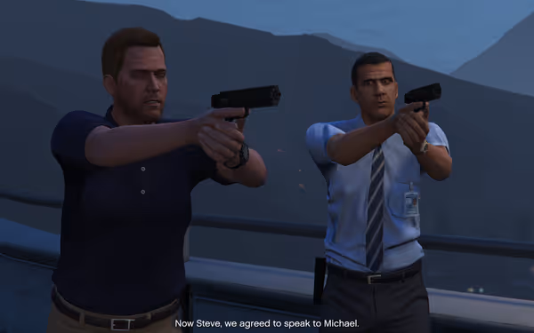 Two men are aiming pistols in the sunset, with one wearing a FIB badge.