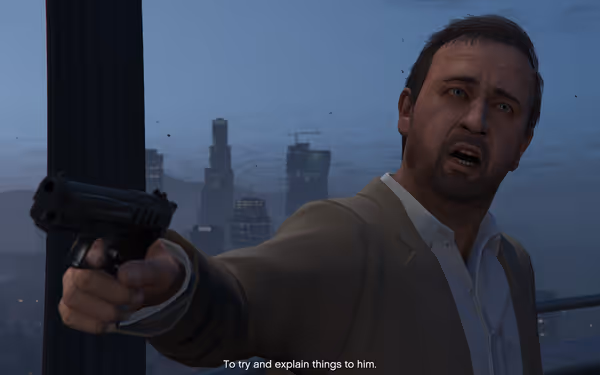 A man in a suit points a pistol with a city skyline behind him.