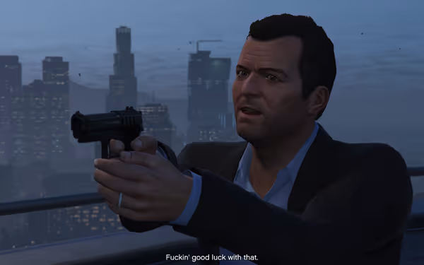 Man in suit pointing handgun, city skyline in background, aggressive caption displayed below.