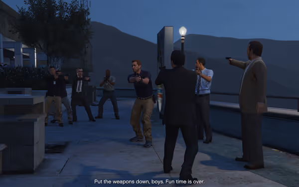 A tense standoff between armed agents and suited men at dusk, with mountains behind.