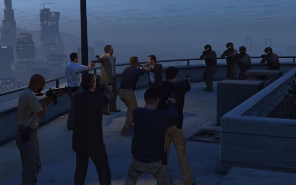 Armed men surround two negotiators on a rooftop while SWAT officers aim from behind.