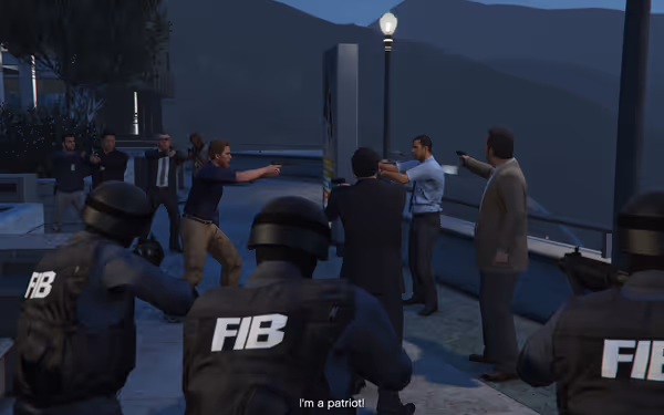 Armed agents in FIB vests and suits aim guns at each other outside.
