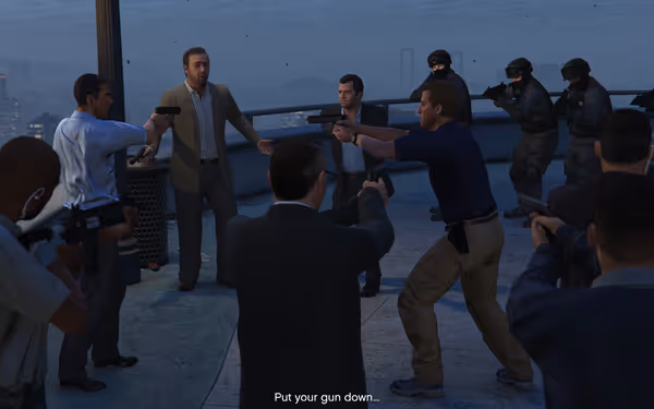 Armed agents aim at each other during a tense rooftop standoff at dusk.