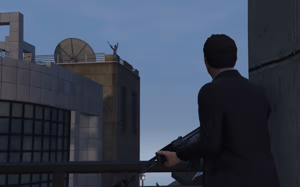 A man in a suit holding a rifle aims toward another person on a rooftop.