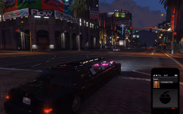 A long black limousine is parked at night, with a phone call interface visible.