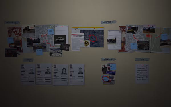 A wall is covered with maps, photos, crew files, and a crime planning checklist.