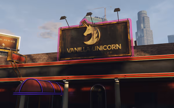 A neon-lit sign for "Vanilla Unicorn Gentleman's Club" is displayed on a dark building exterior.