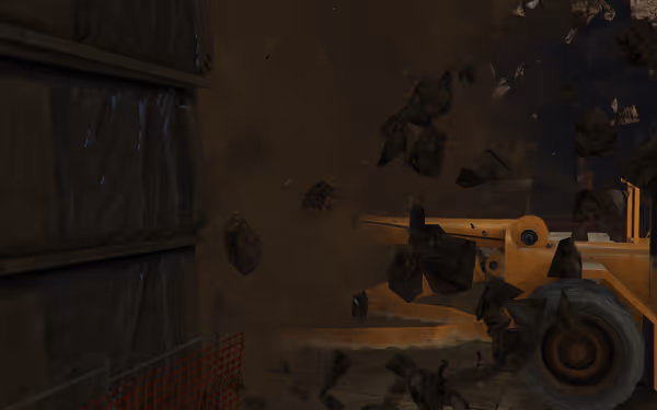 A yellow bulldozer pushes through concrete rubble and debris near damaged buildings.