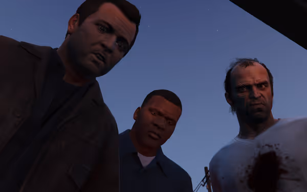 Three men look down at the camera, one with a bloodstained white shirt and bruises.